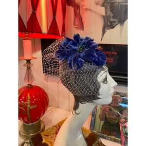 vintage style blue fascinator velvet flower 1950s style millinery hat with veil